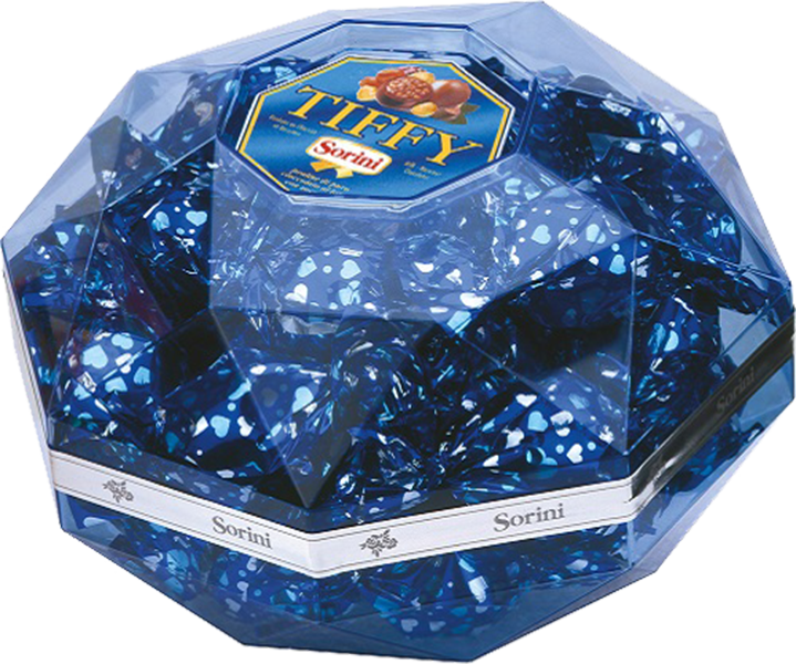 Сорини Тиффи конфеты ассорти из молочного и белого шоколада со злаками и начинкой пралине в коробке-кристалле 0.34&nbsp;л