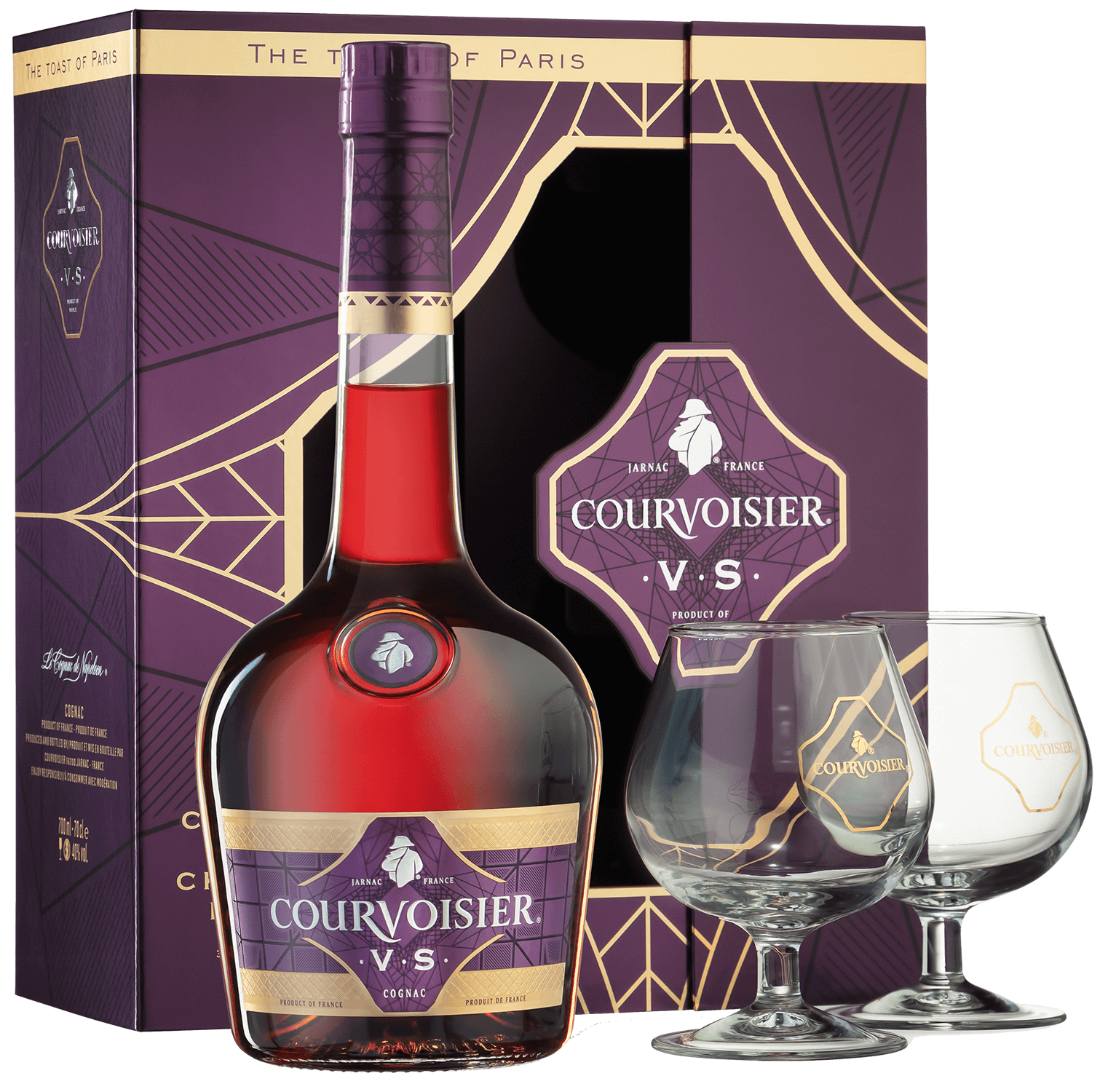 Courvoisier VS in gift box with two glasses onegin gift box with 4 glasses