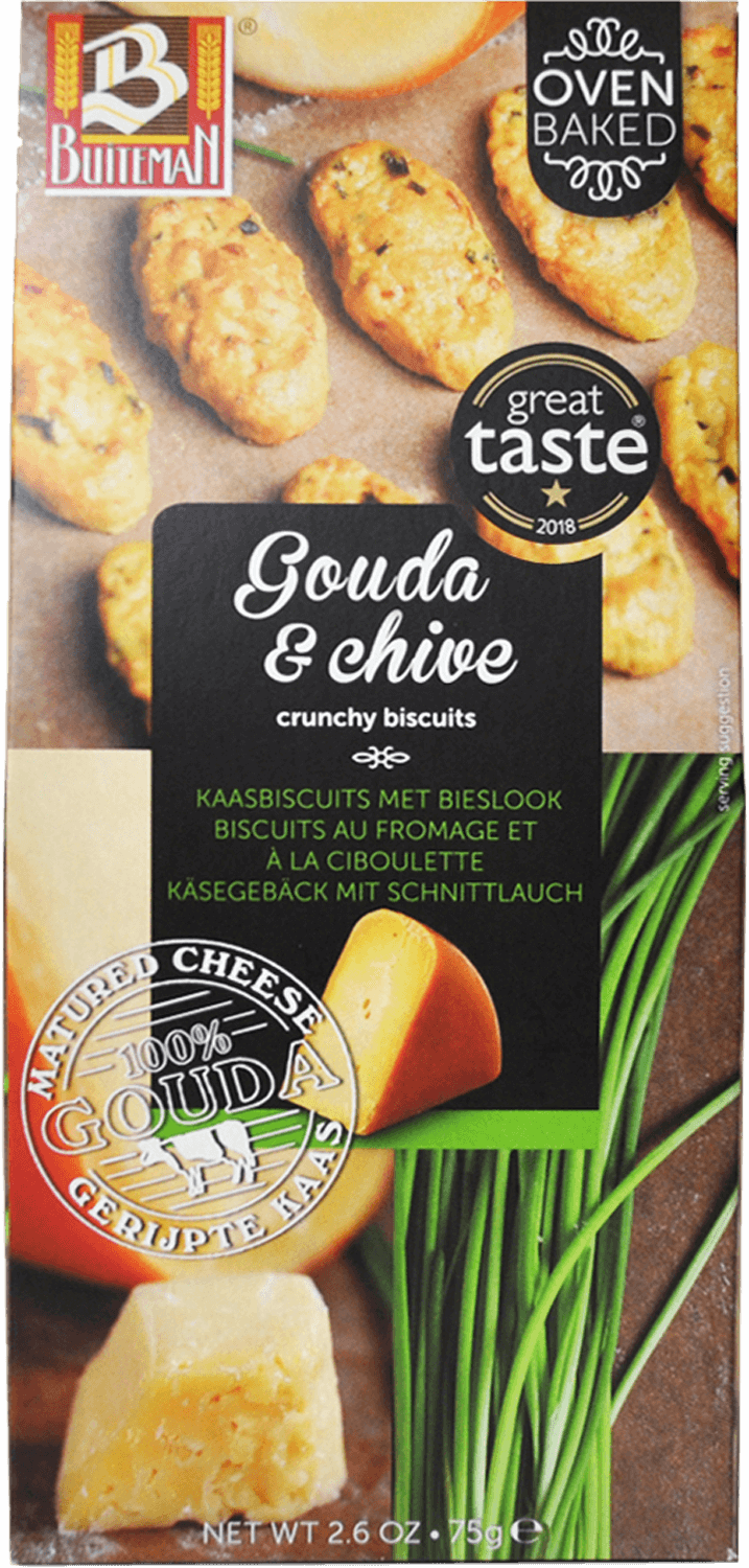 sun tasty puffed cheese gouda 56 g Gouda Cheese Biscuits with Chives Buiteman