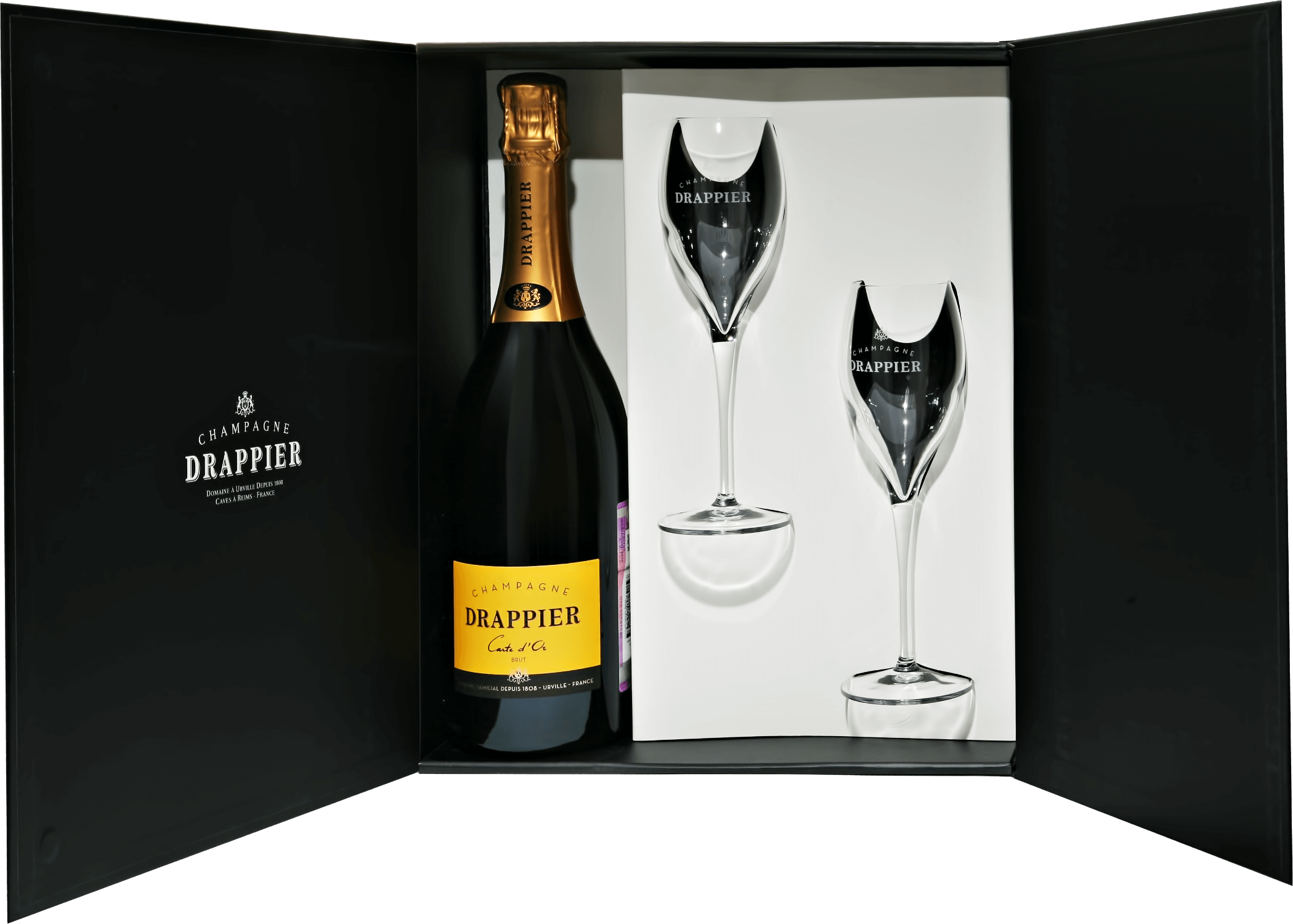 Drappier Carte d’Or Brut Champagne AOP in gift box with two glasses drappier andquot grande sendreeandquot gift box with 2 glasses