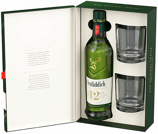Виски Glenfiddich Single Malt Scotch Whisky 12 y.o. (gift box with 2 glasses), 0.7 л