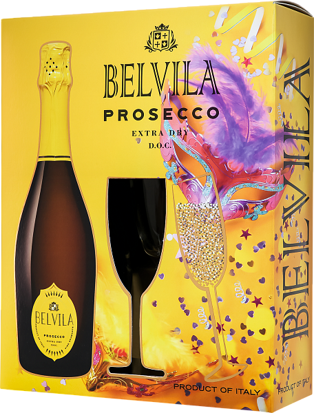 Игристое вино Belvila Prosecco DOC Spumante Extra Dry Villa Degli Olmi (gift box with 2 glasses), 0.75 л в Воронеже