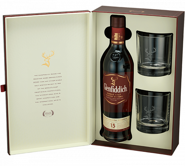 Glenfiddich 15 y.o. Single Malt Scotch Whisky (gift box with 2 glasses), 0.7 л
