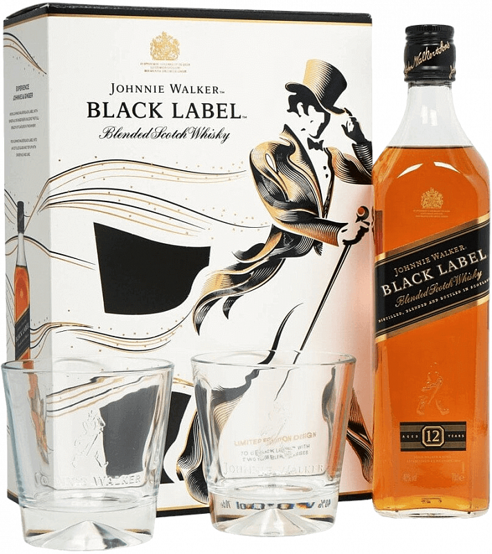 Джонни Уокер Блэк Лейбл Блендед купажированный виски в подарочной упаковке с двумя бокалами 0.7 л