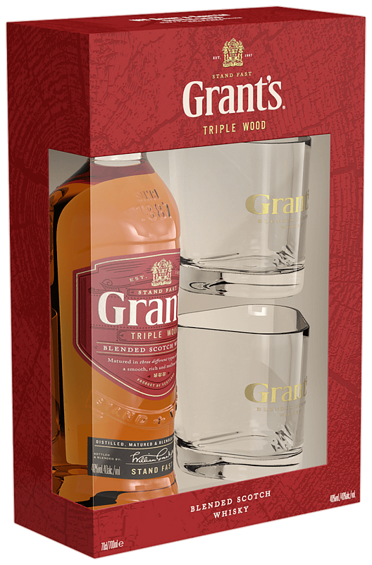 Грантс Трипл Вуд купажированный шотландский виски в подарочной упаковке с двумя стаканами 0.7 л